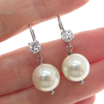 LUCAS LAMETH LUC 925 Sterling Silver Real Pearl & C Z Dangle Earrings