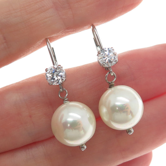 LUCAS LAMETH LUC 925 Sterling Silver Real Pearl & C Z Dangle Earrings