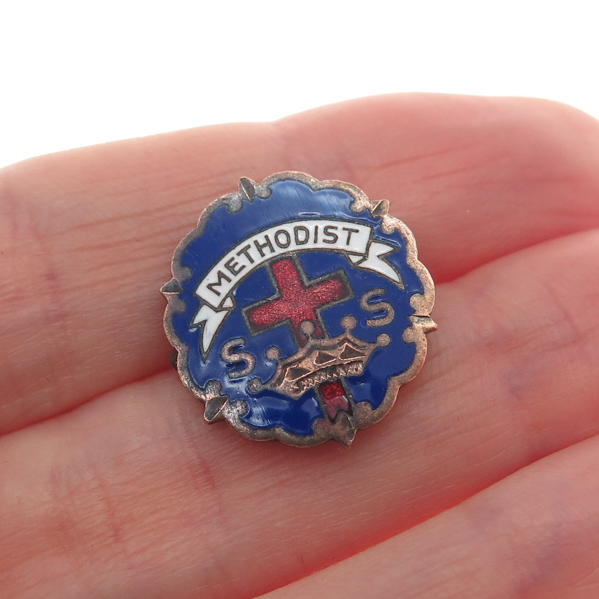 LITTLE SYSTEM CROSS & CROWN Gold Plated Antique Enamel Methodist Cross Brooch