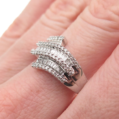 Sun 925 Sterling Silver Real Round & Emerald-Cut Diamond Bypass Ring Size 8
