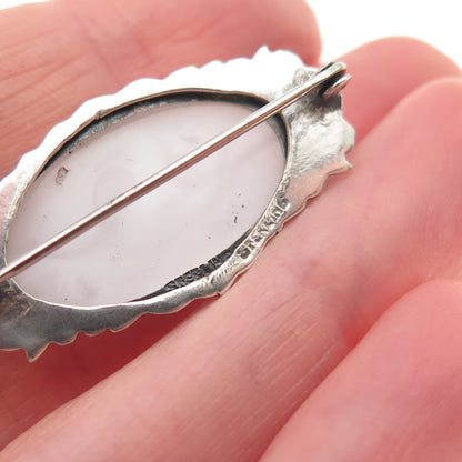 925 Sterling Silver Antique Art Deco Camphor Frosted Glass Floral Pin Brooch
