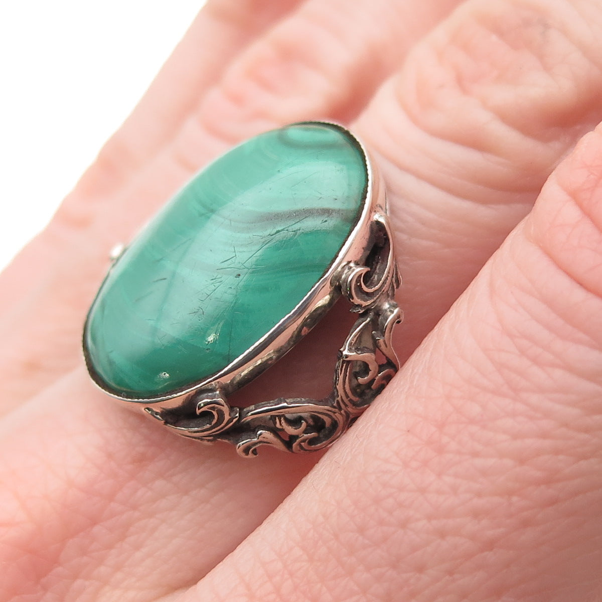 925 Sterling Silver Antique Art Deco Real Malachite Floral Oxidized Ring Size 7
