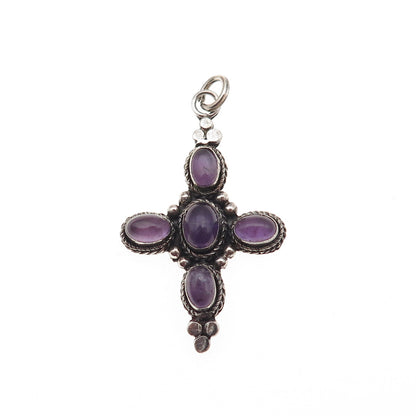 925 Sterling Silver Vintage Real Amethyst Cross Oxidized Charm Pendant