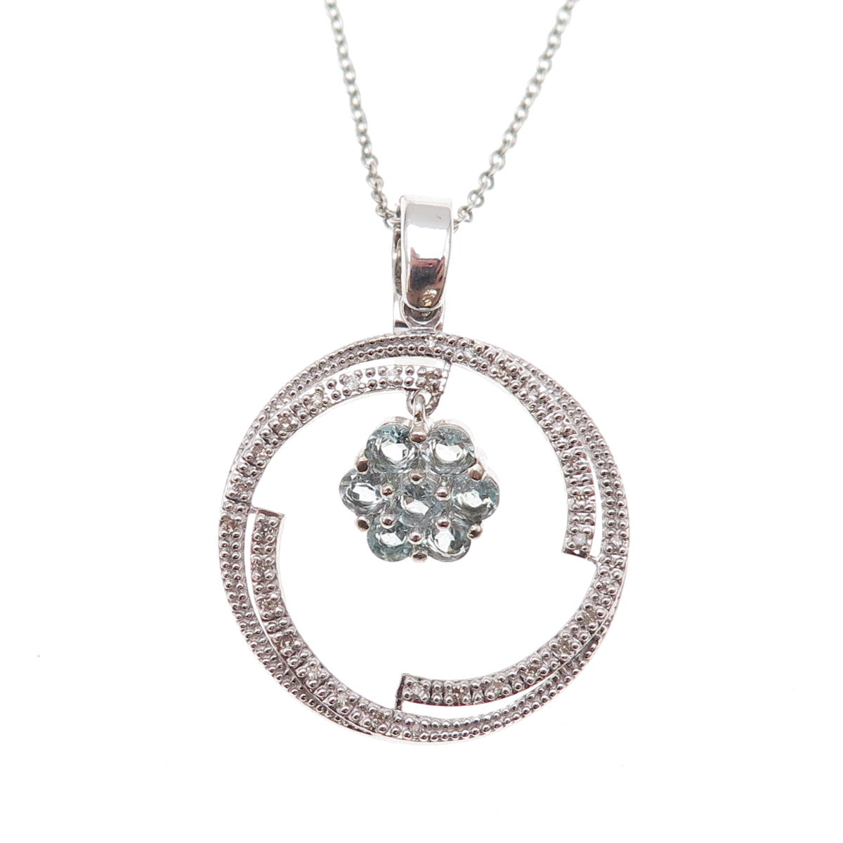 925 Sterling Mexico Real Diamond & Aquamarine Circle of Life Chain Necklace 18"