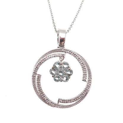 925 Sterling Mexico Real Diamond & Aquamarine Circle of Life Chain Necklace 18"