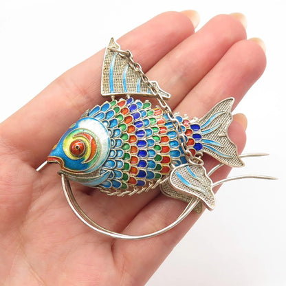 925 Sterling Silver Antique Enamel Chinese Koi Fish Chatelaine Articulated Fob