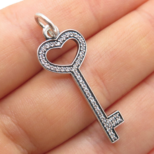 925 Sterling Silver Round-Cut C Z Heart Key Charm Pendant