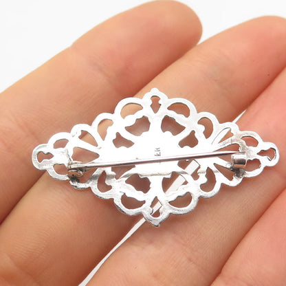 925 Sterling Silver Vintage Real Black Onyx Gem Ornate Pin Brooch