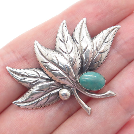 925 Sterling Silver Vintage Real Kingman Turquoise Floral Leaf Oxidized Brooch