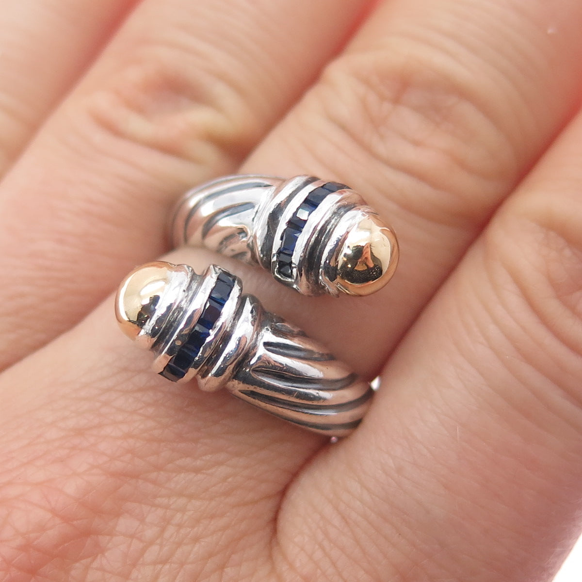 18K Gold 925 Sterling Silver Vintage Real Sapphire Adjustable Ring Size 6.5