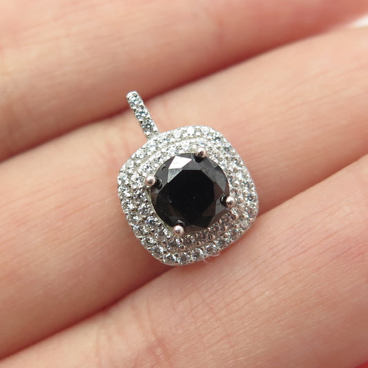 HAN925 Sterling Silver Real Black Spinel Gemstone & C Z Pendant