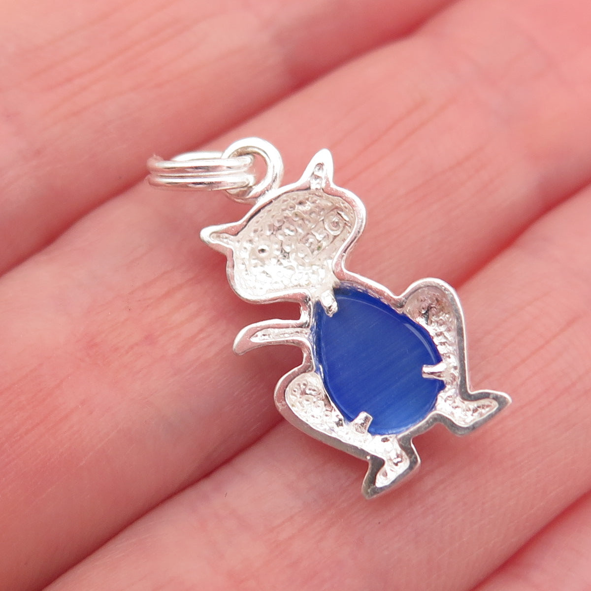 925 Sterling Silver Vintage Real Blue Chalcedony Cat Charm Pendant