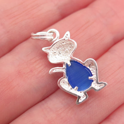 925 Sterling Silver Vintage Real Blue Chalcedony Cat Charm Pendant