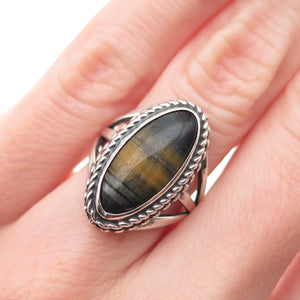 Old Pawn Sterling Silver Vintage Southwestern Tiger Eye Tribal Ring Size 4.75