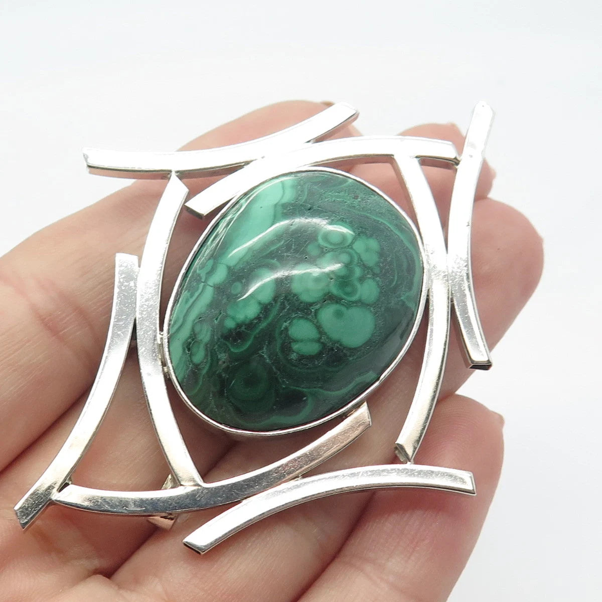 925 Sterling Silver Vintage D. Ruffus Real Malachite Gemstone Pin Brooch