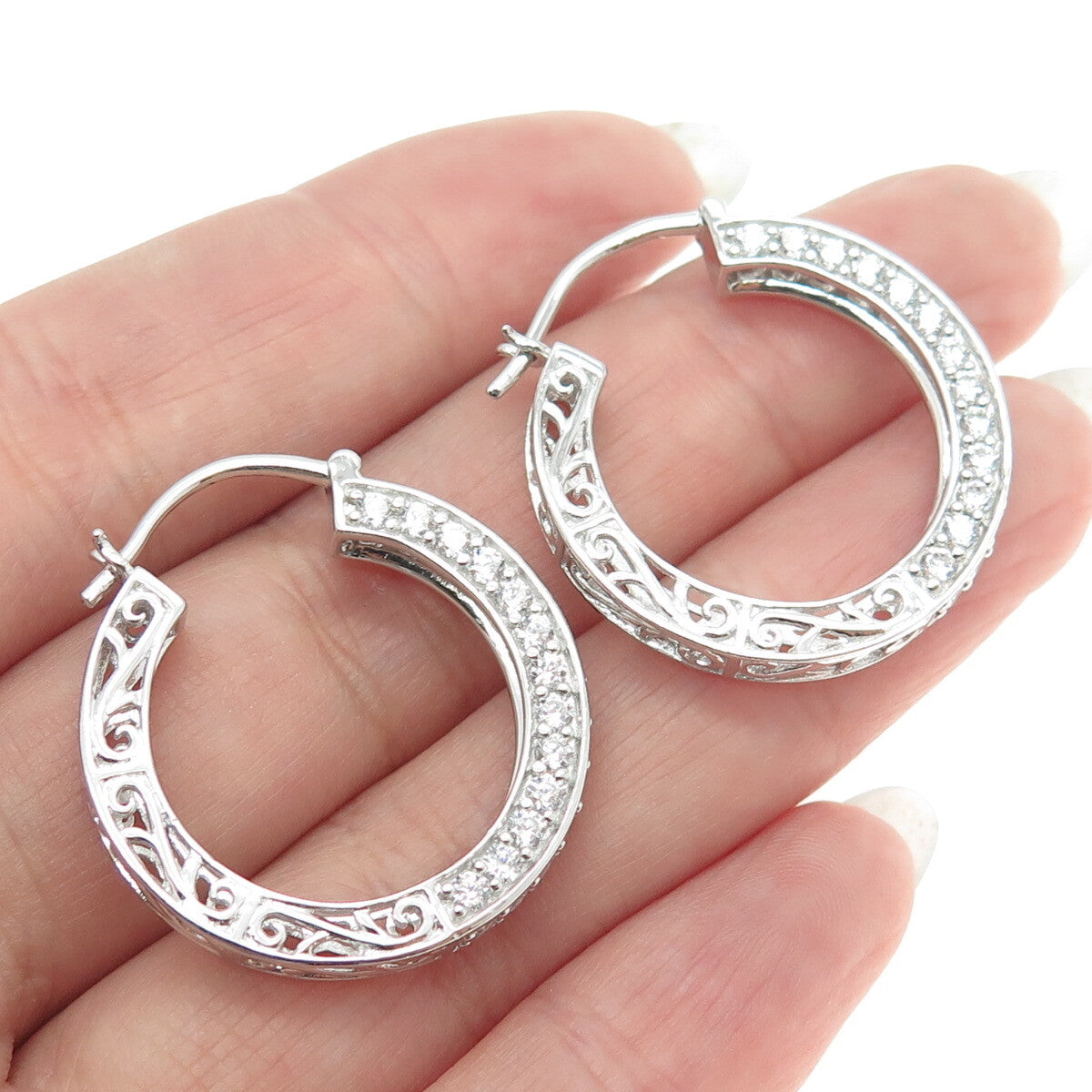 925 Sterling Silver Round-Cut C Z Ornate Hoop Earrings