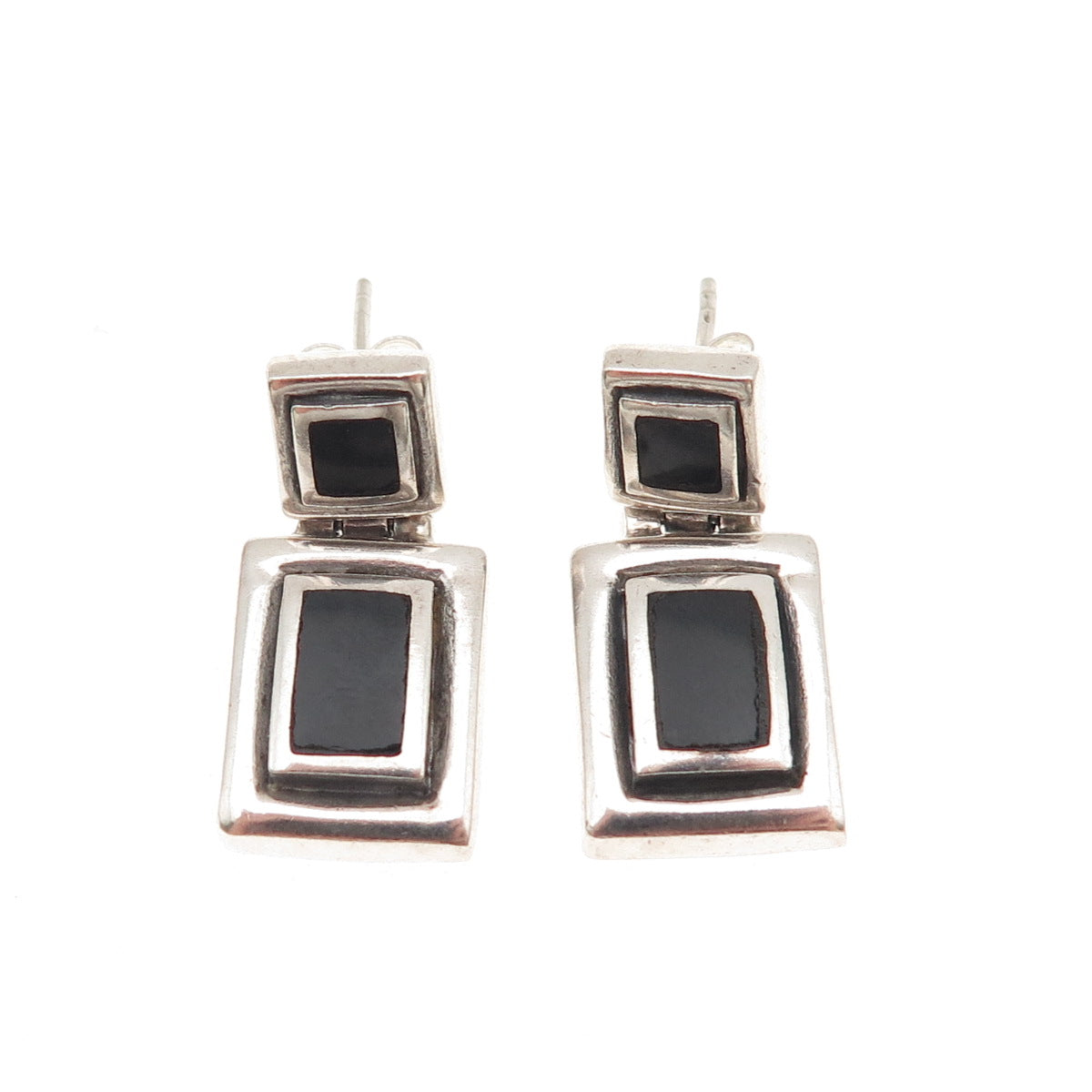 925 Sterling Silver Vintage Real Black Onyx Geometric Oxidized Earrings