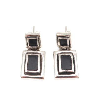 925 Sterling Silver Vintage Real Black Onyx Geometric Oxidized Earrings