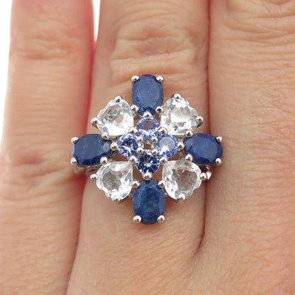 925 Sterling Silver Real Sapphire Light Blue Topaz & Iolite Cluster Ring Size 6