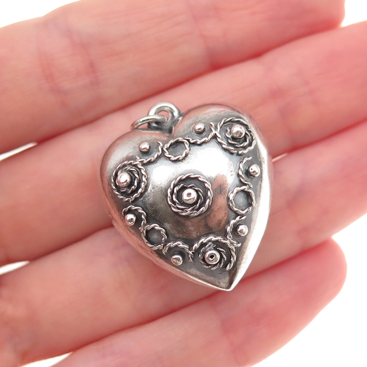 925 Sterling Silver Antique Art Deco Chatelaine Heart Oxidized Charm Pendant
