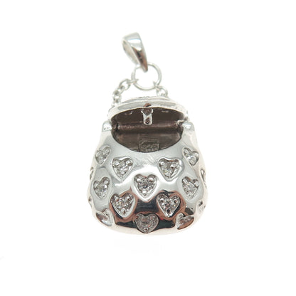 925 Sterling Silver Round-Cut C Z Ladies Heart Purse Locket Chain Charm Pendant