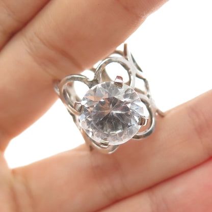 925 Sterling Silver Vintage Real Round-Cut White Topaz Modernist Ring Size 6.75
