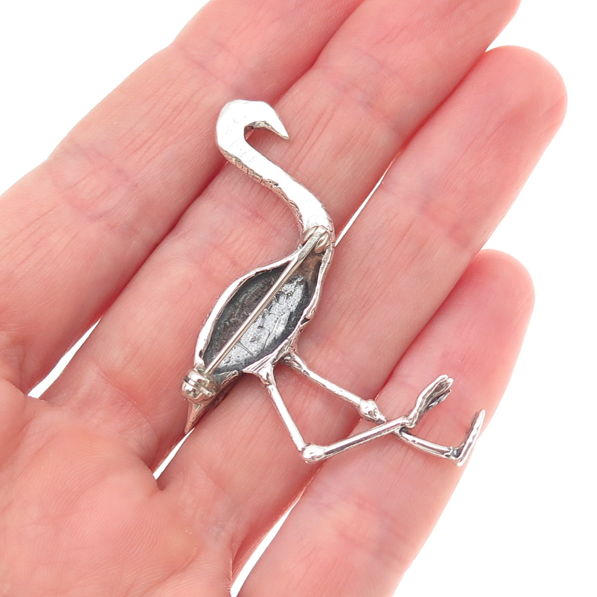 925 Sterling Silver Vintage Flamingo Oxidized Pin Brooch