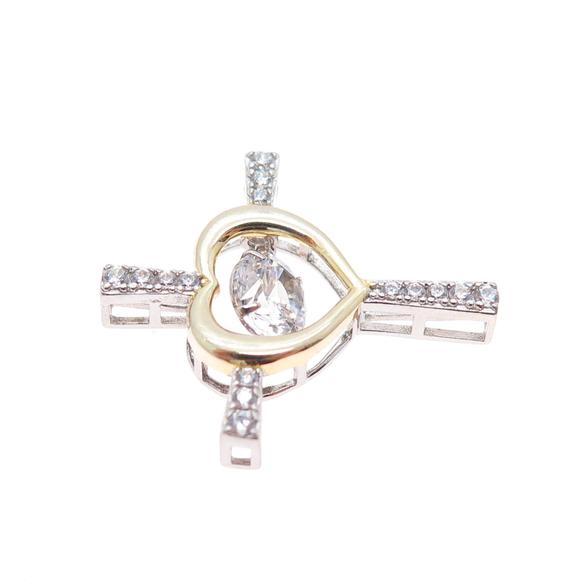 925 Sterling Silver 2-Tone Round-Cut C Z Heart Cross Minimalist Slide Pendant