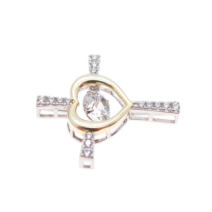 925 Sterling Silver 2-Tone Round-Cut C Z Heart Cross Minimalist Slide Pendant