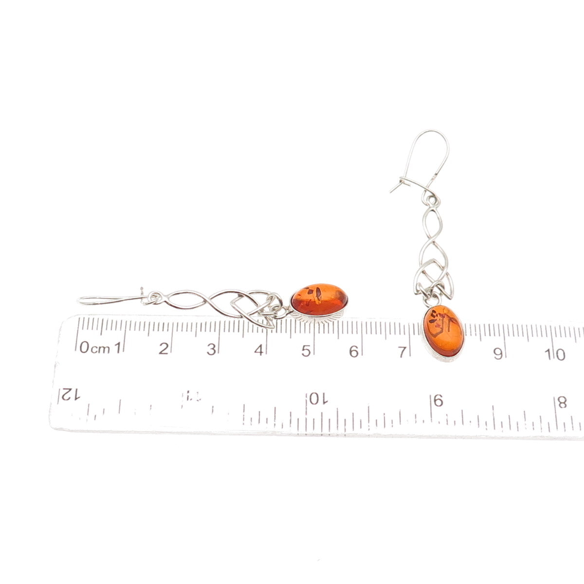 925 Sterling Silver Vintage Real Amber Celtic Trinity Dangle Earrings