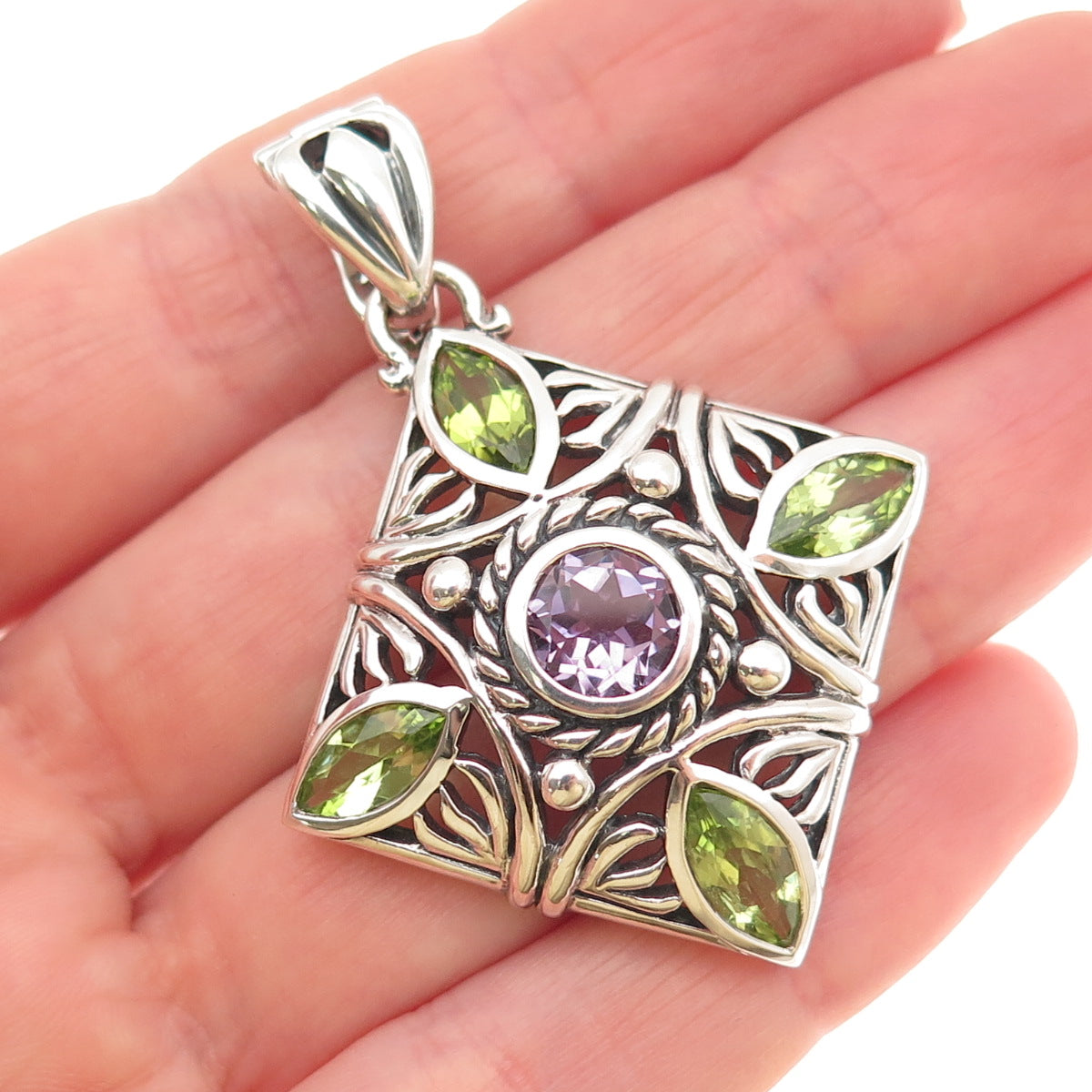 SX Sally C 925 Sterling Silver Vintage Real Amethyst & Peridot Floral Pendant