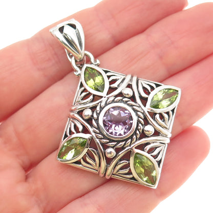 SX Sally C 925 Sterling Silver Vintage Real Amethyst & Peridot Floral Pendant