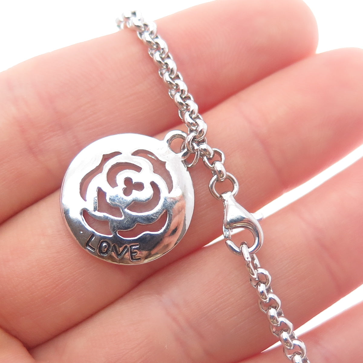 925 Sterling Silver Vintage Rose Flower Charm Rolo Link Bracelet 7.5"