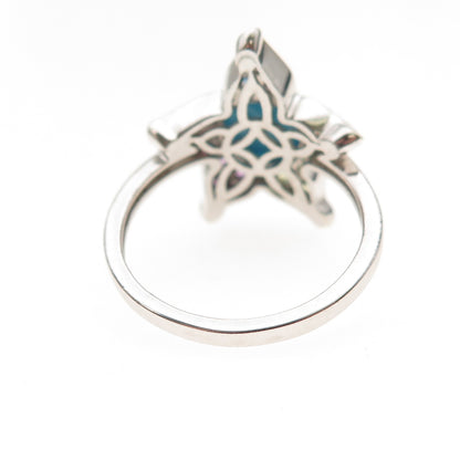 Chuck Clemency Sterling Silver Real Turquoise & Multi-Gem Floral Ring Size 8.25