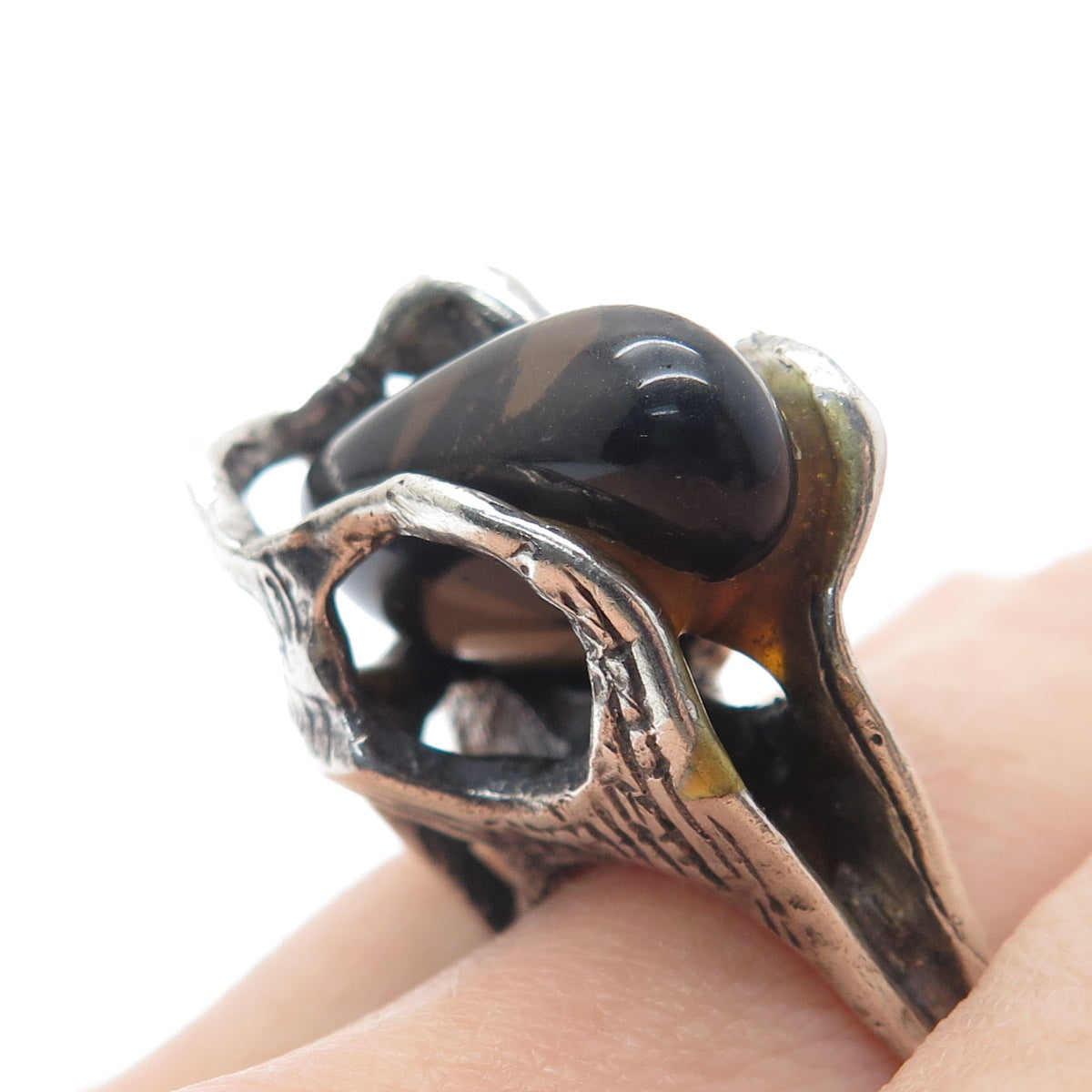 925 Sterling Silver Vintage Israel Real Smoky Quartz Modernist Ring Size 6.75