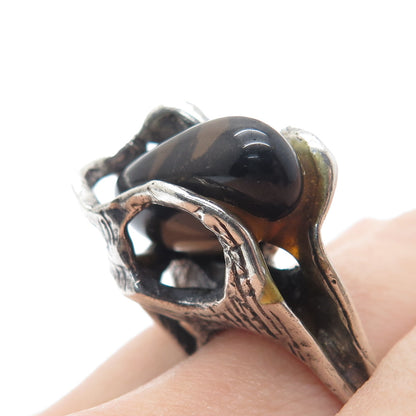 925 Sterling Silver Vintage Israel Real Smoky Quartz Modernist Ring Size 6.75