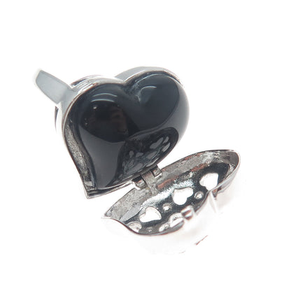 925 Sterling Silver Real Black Onyx Gem & C Z Heart Cutout Locket Ring Size 7