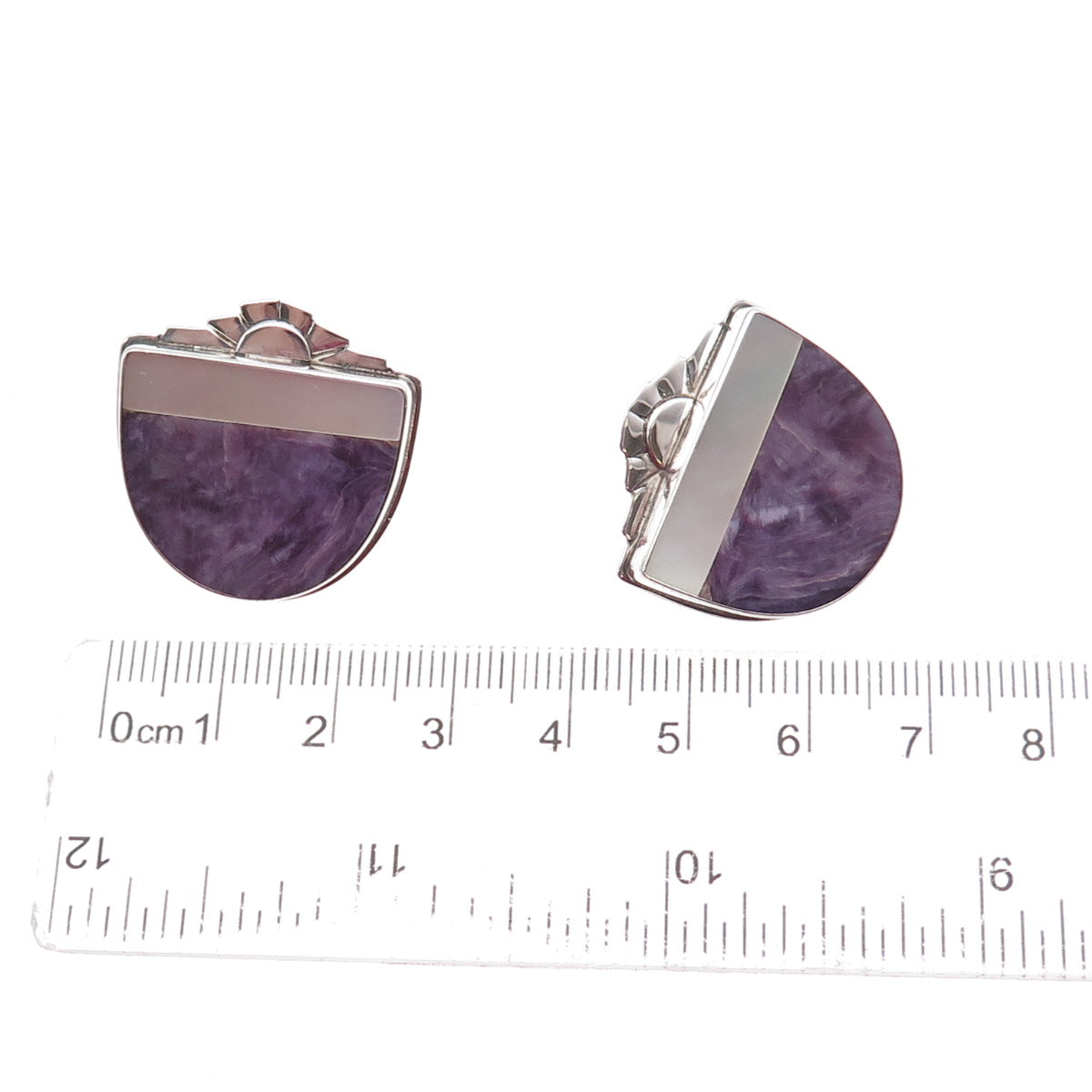 David Epstein 925 Sterling Silver Vintage Real Charoite & MOP Modernist Earrings