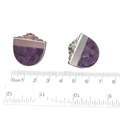 David Epstein 925 Sterling Silver Vintage Real Charoite & MOP Modernist Earrings