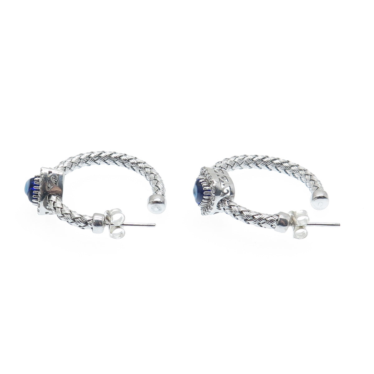 925 Sterling Silver Real Diamond & Murano Glass Evil's Eye Woven Hoop Earrings