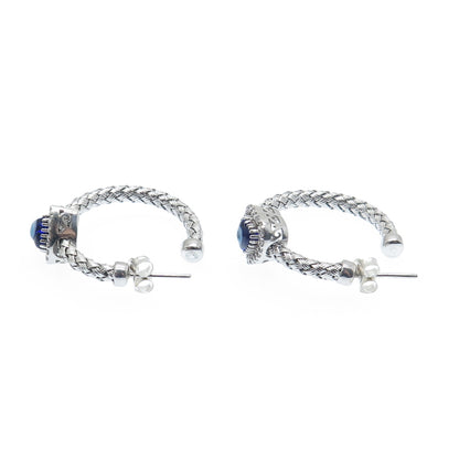 925 Sterling Silver Real Diamond & Murano Glass Evil's Eye Woven Hoop Earrings