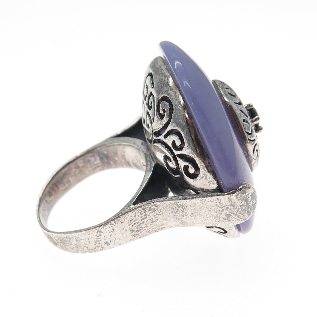925 Sterling Silver Vintage Real Lavender Jade Black Onyx Statement Ring Size 7