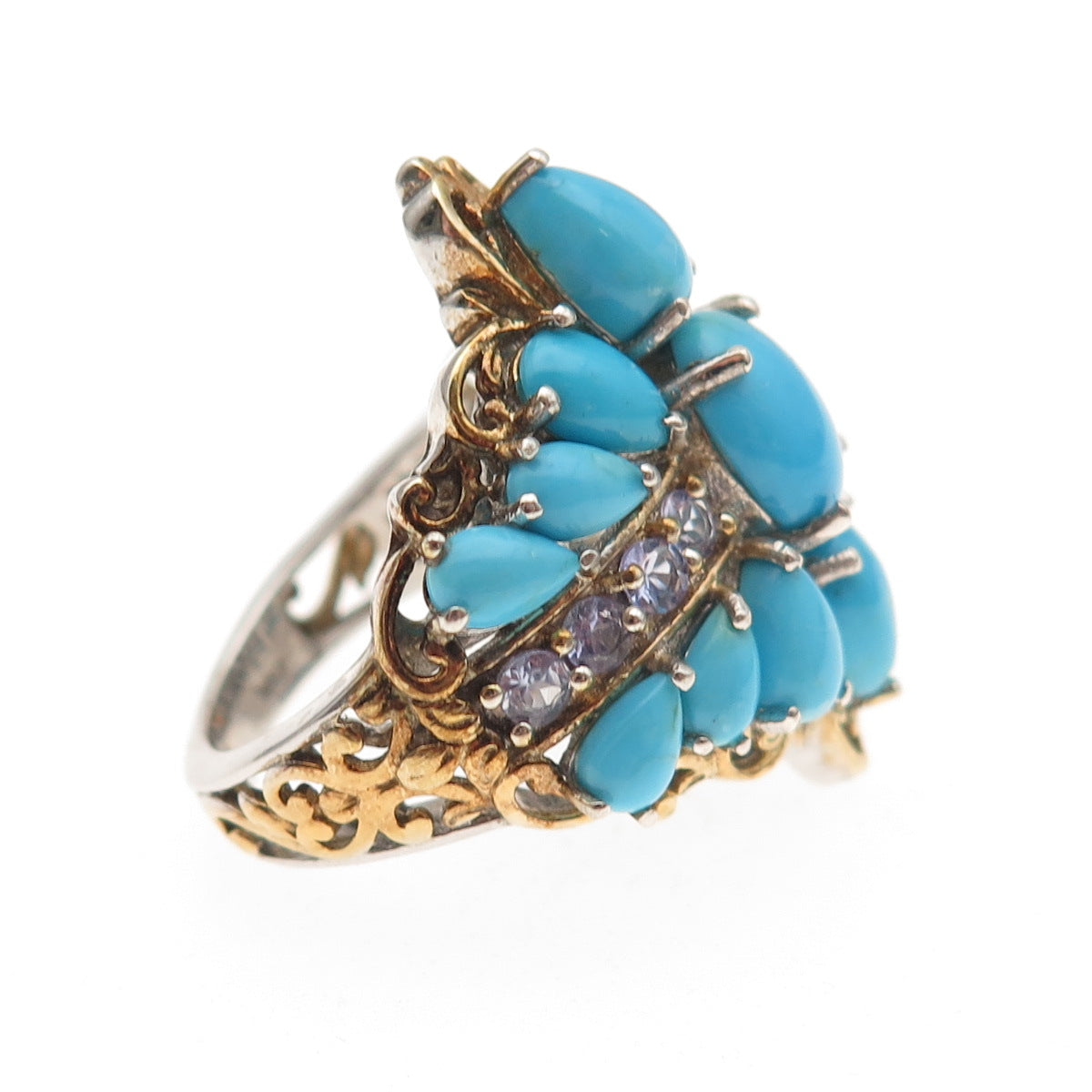 Chuck Clemency 925 Sterling 2-Tone Real Turquoise & Tanzanite Ring Size 7.25