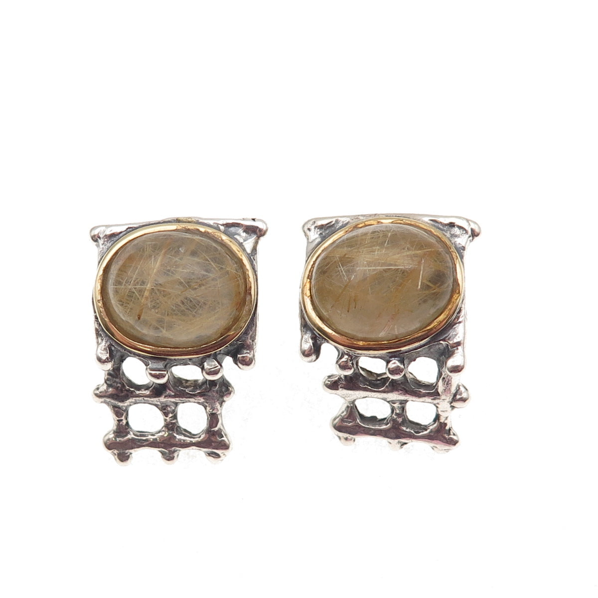 925 Sterling Silver 14K Gold Vintage Real Rutilated Quartz Modernist Earrings