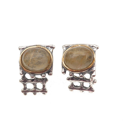 925 Sterling Silver 14K Gold Vintage Real Rutilated Quartz Modernist Earrings