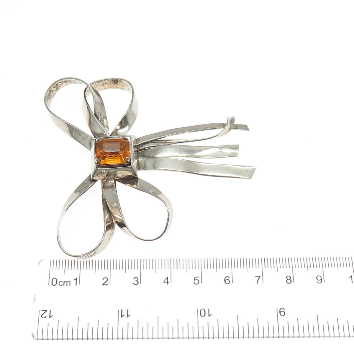 925 Sterling Silver Antique Art Deco Real Citrine Bow Pin Brooch
