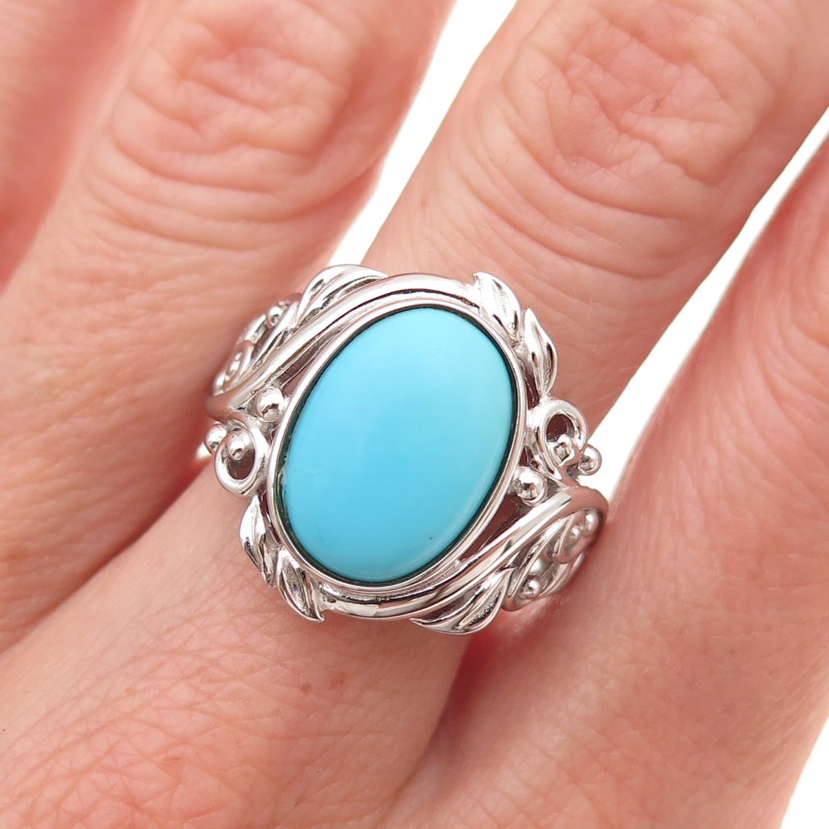 925 Sterling Silver Real Sleeping Beauty Turquoise Floral Ring Size 8.25