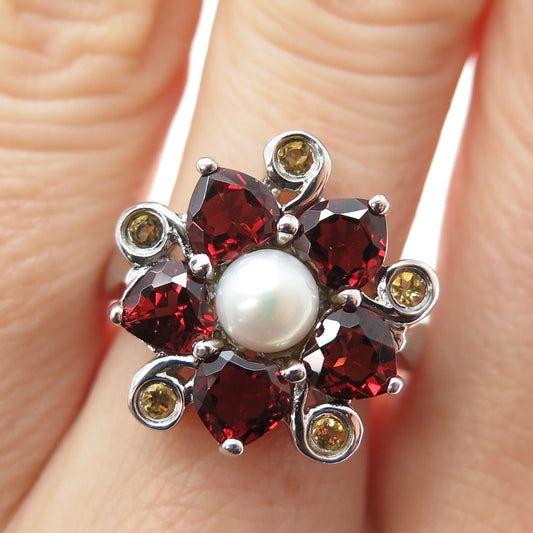 925 Sterling Silver Vintage Real Pearl Red Garnet Citrine Flower Ring Size 7.25