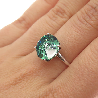 D'Joy 925 Sterling Silver Round-Cut Green Crystal Ring Size 6