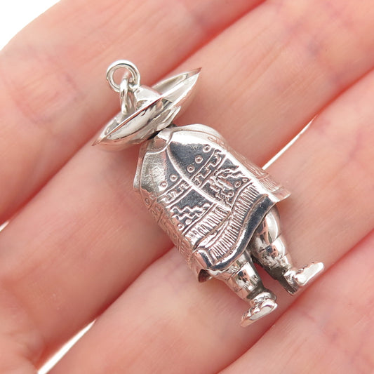 Casique 925 Sterling Silver Vintage Man in Poncho & Sombrero Hat Charm Pendant